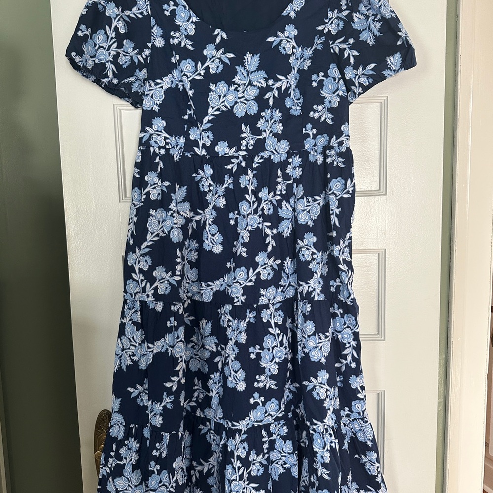 J. Crew Navy Floral Tiered Midi Dress - Light Blue Print